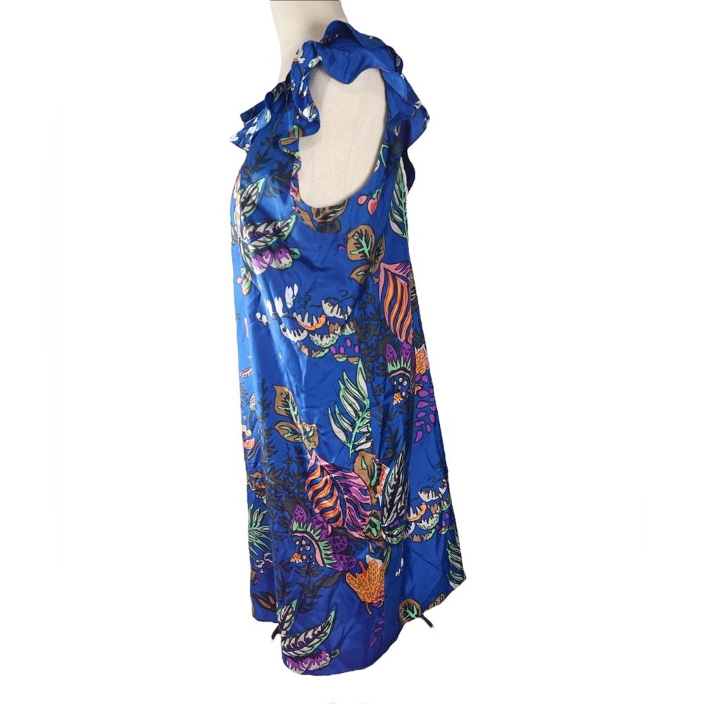J. Crew Silk Ruffle Dress in Blue Tropical Flower Print Sz 14 EUC  Resort Cruise - Picture 4 of 7